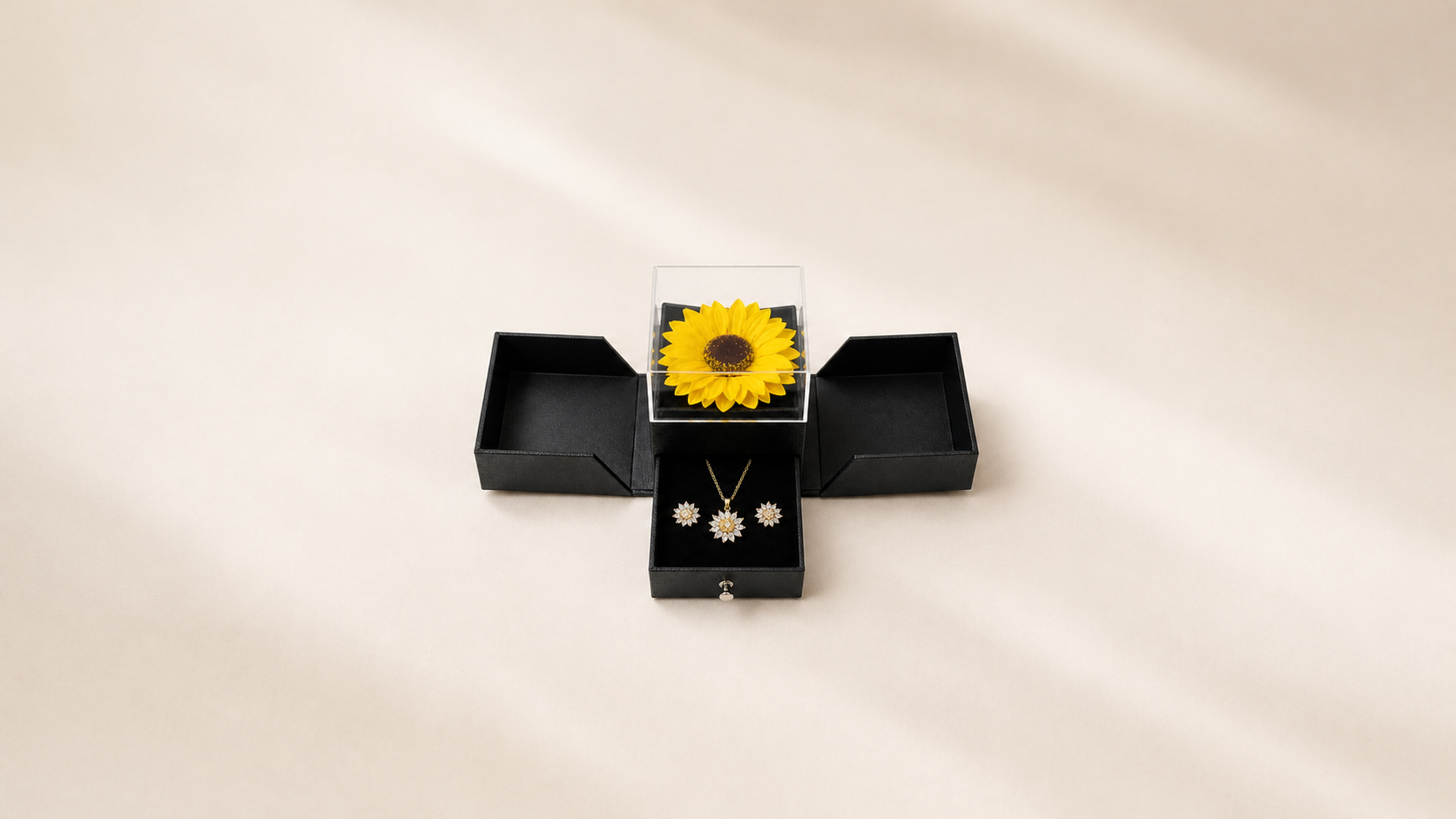 Sunflower jewellery gift box open with two shallow side trays collection