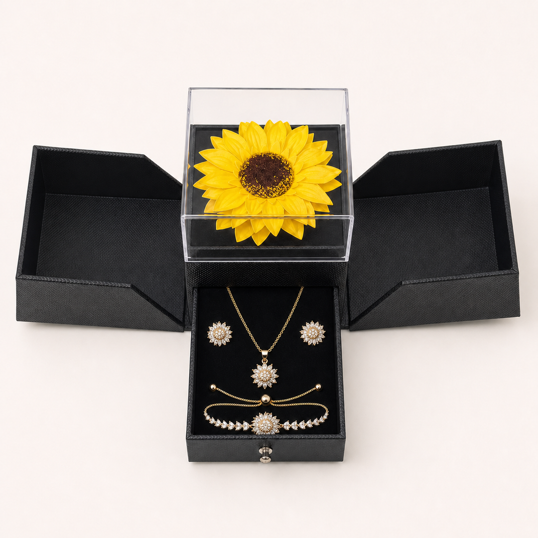 Sunflower complete jewellery gift set in its open box with two shallow side trays resting flat