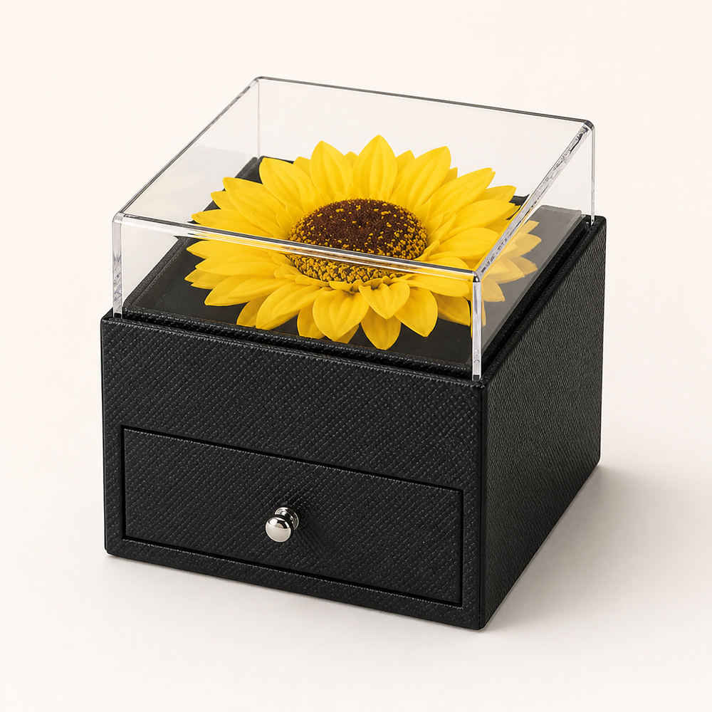 Closed Sunflower black presentation box with clear acrylic flower chamber