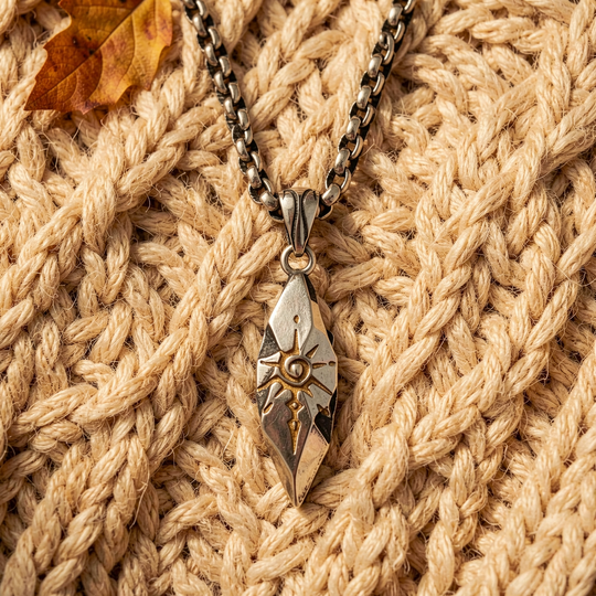 Sigil Quicksilver necklace arranged over a beige knit