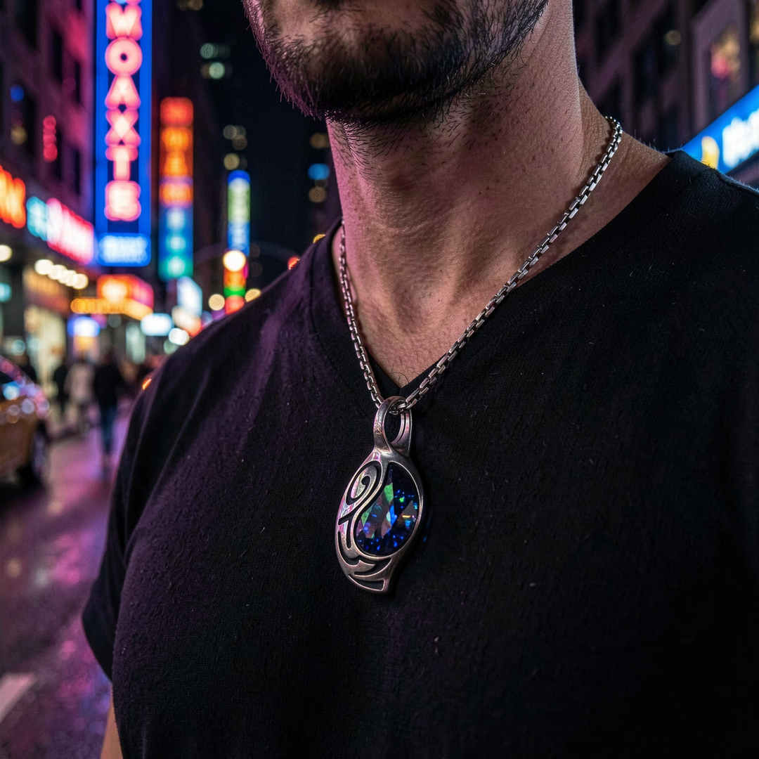 Vortex Cosmos necklace worn in a neon-lit night setting