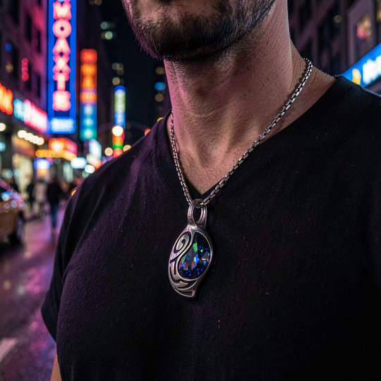 Vortex Cosmos necklace worn in a neon-lit night setting