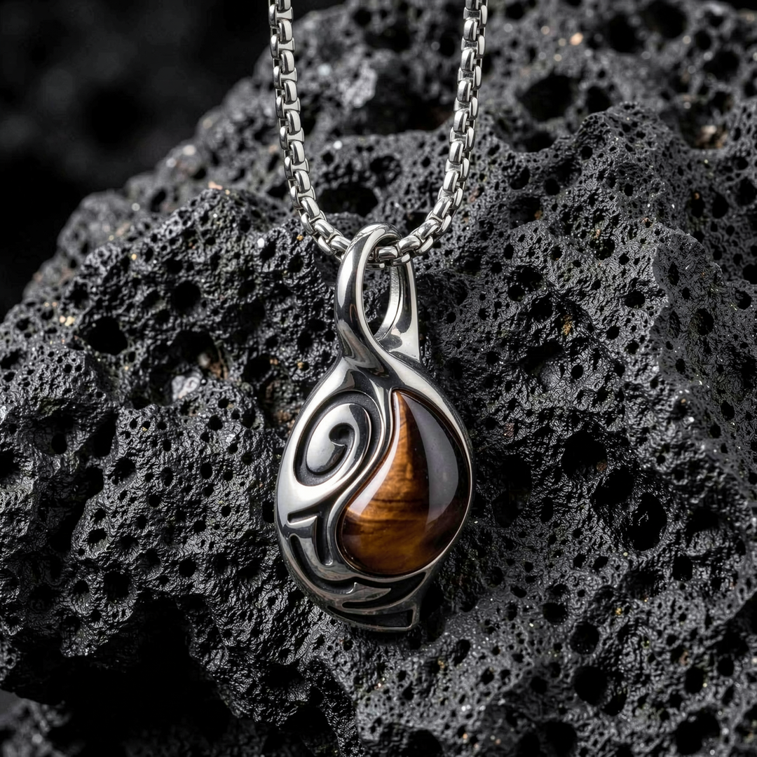 Vortex Ember pendant arranged on porous black stone