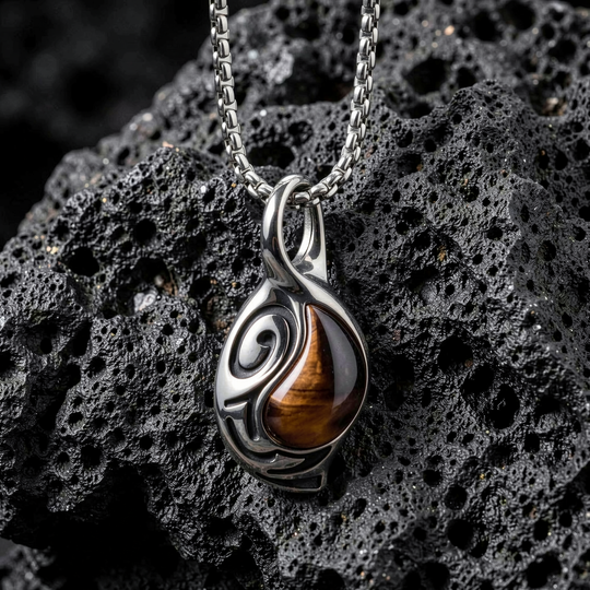 Vortex Ember pendant arranged on porous black stone
