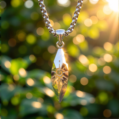 Sigil Quicksilver pendant suspended outdoors in warm backlight