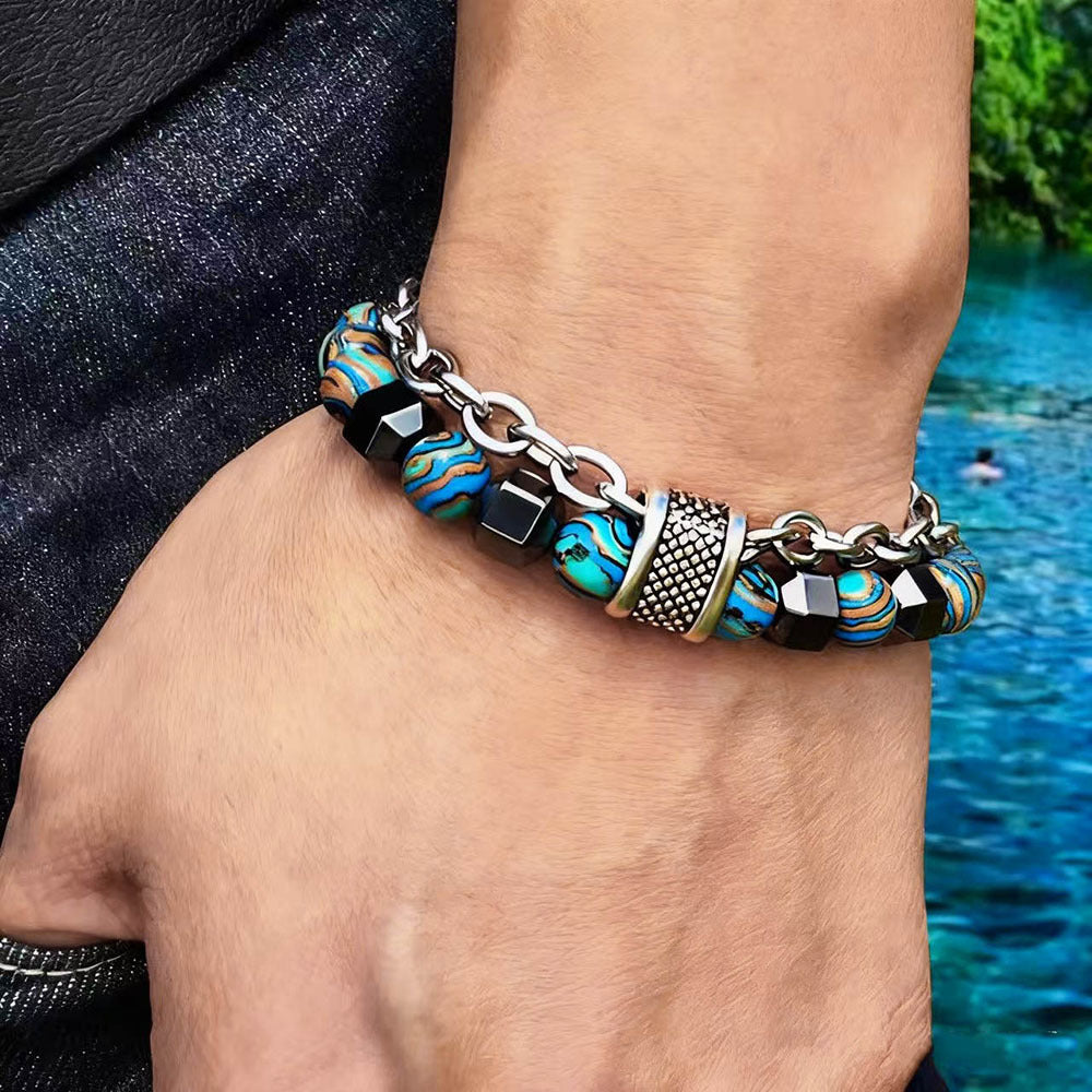 Tether men's stone and chain bracelet worn on the wrist