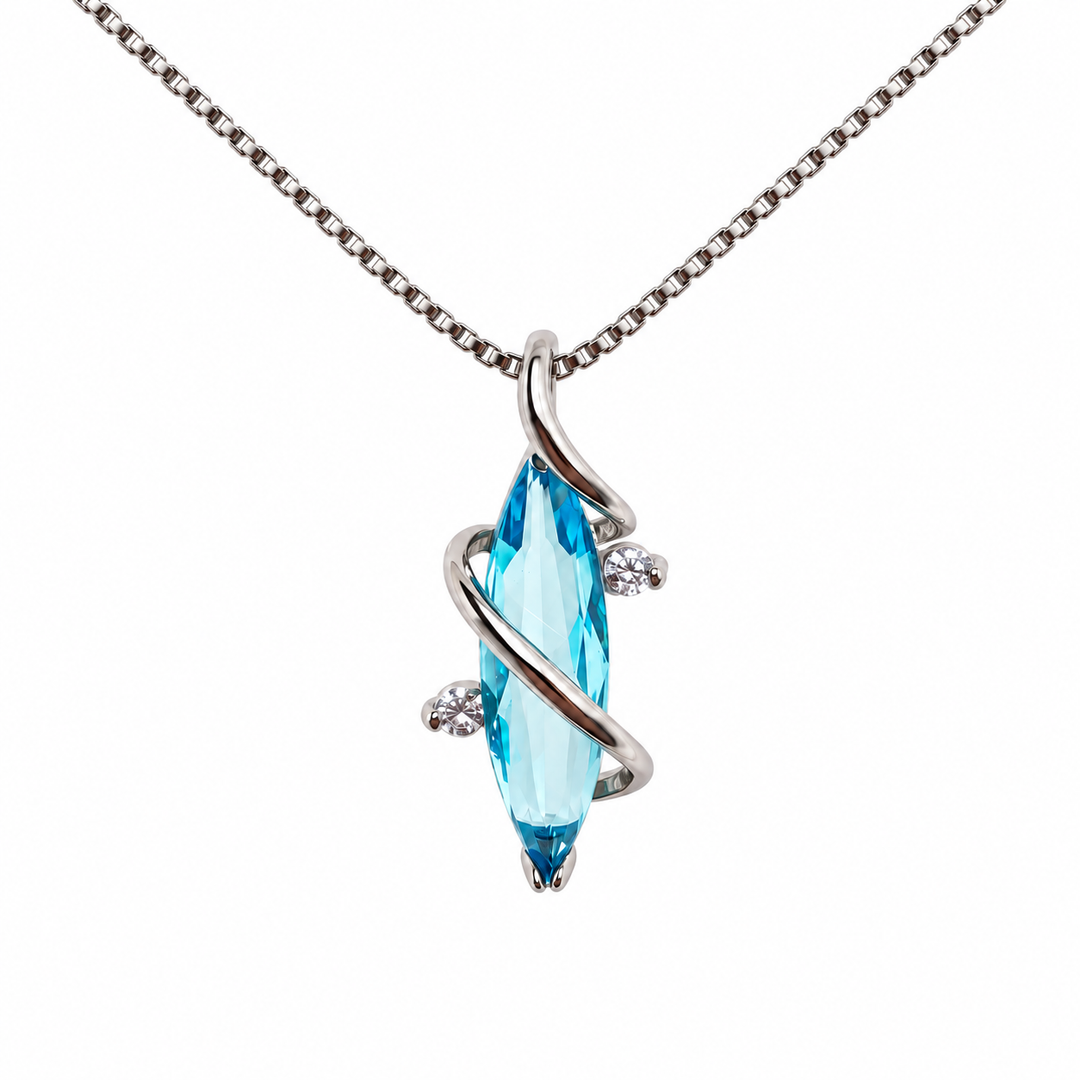Aethera Frost necklace with blue crystal, silver-tone setting and two clear accents on white