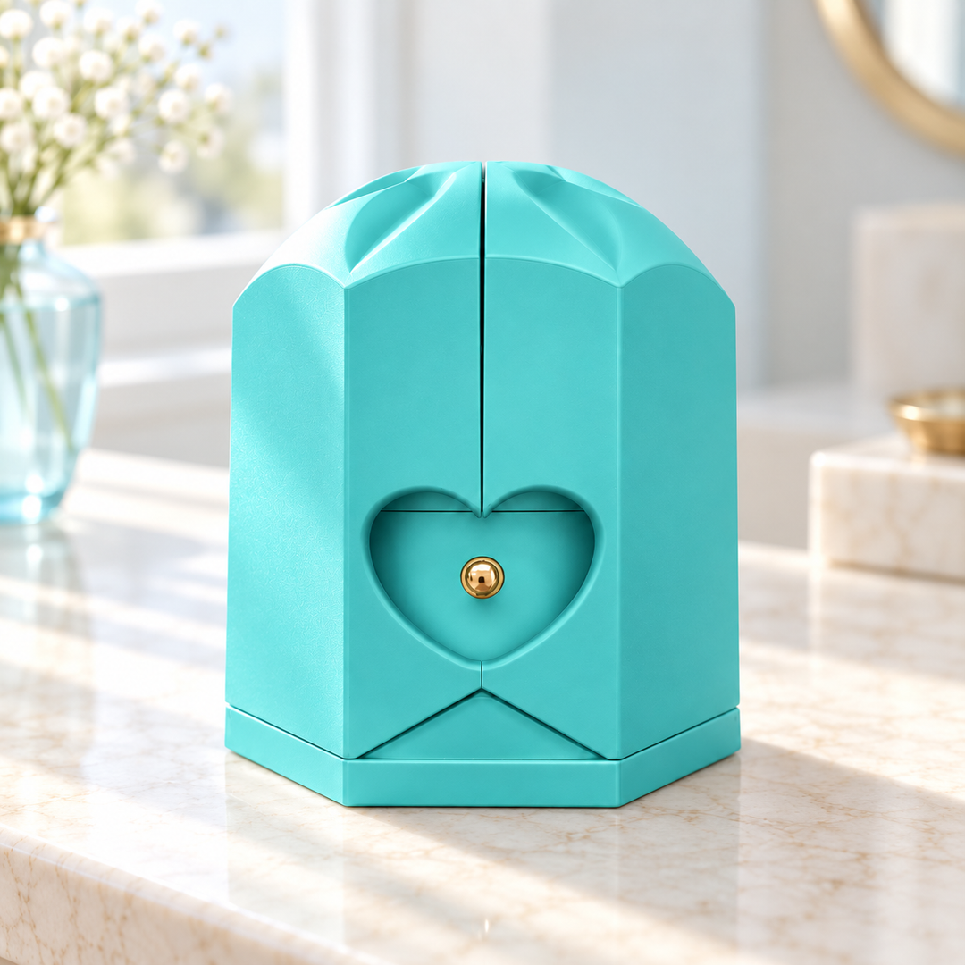 Closed light blue Rose Box with a flower-shaped top, heart recess and round gold drawer knob