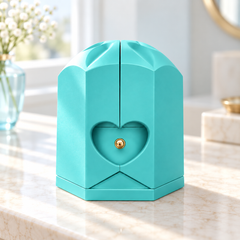 Closed light blue Rose Box with a flower-shaped top, heart recess and round gold drawer knob