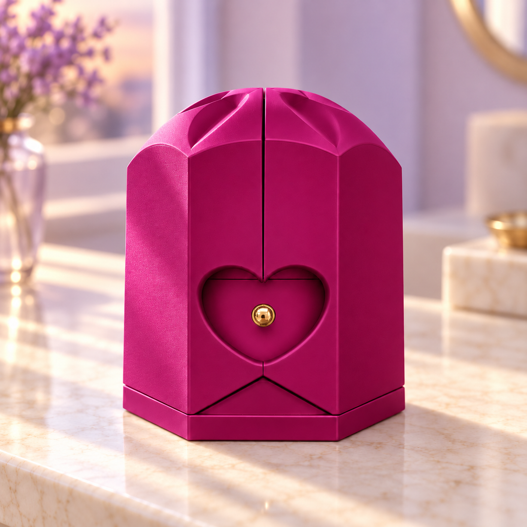 Closed purple Rose Box with a flower-shaped top, heart recess and round gold drawer knob
