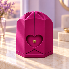 Closed purple Rose Box with a flower-shaped top, heart recess and round gold drawer knob