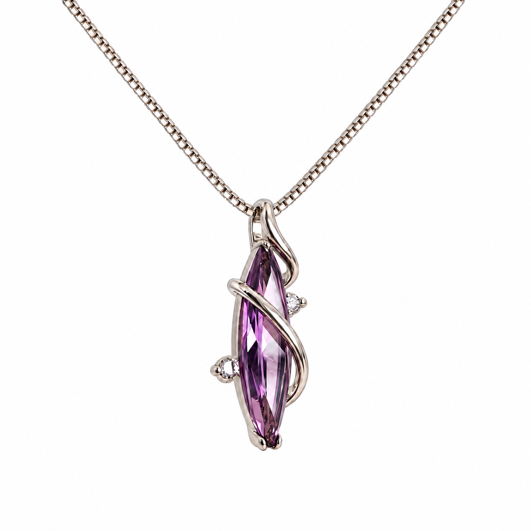 Aethera Violet necklace with purple crystal, silver-tone setting and two clear accents on white