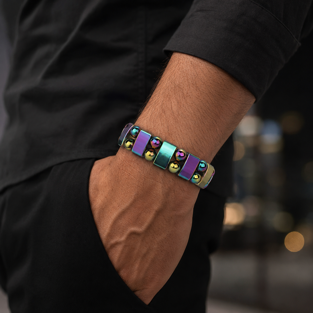 Array Spectrum iridescent double-row bracelet worn on a man's wrist
