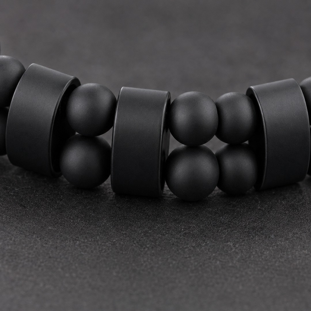 Array Stealth matte black double-row bead and spacer construction macro