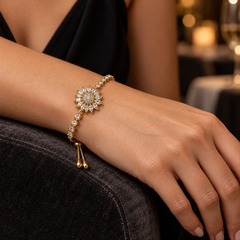 Blossom Gold bracelet styled with a black evening dress