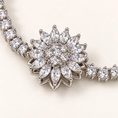 Blossom silver bracelet flower close-up, showing clear marquise petals and raised floral setting