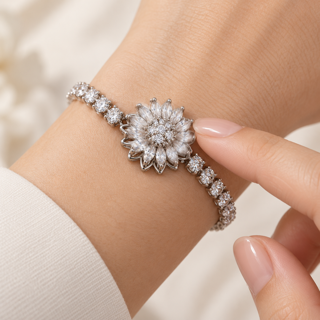 Illustration of the Blossom silver bracelet flower turning with a gentle fingertip touch