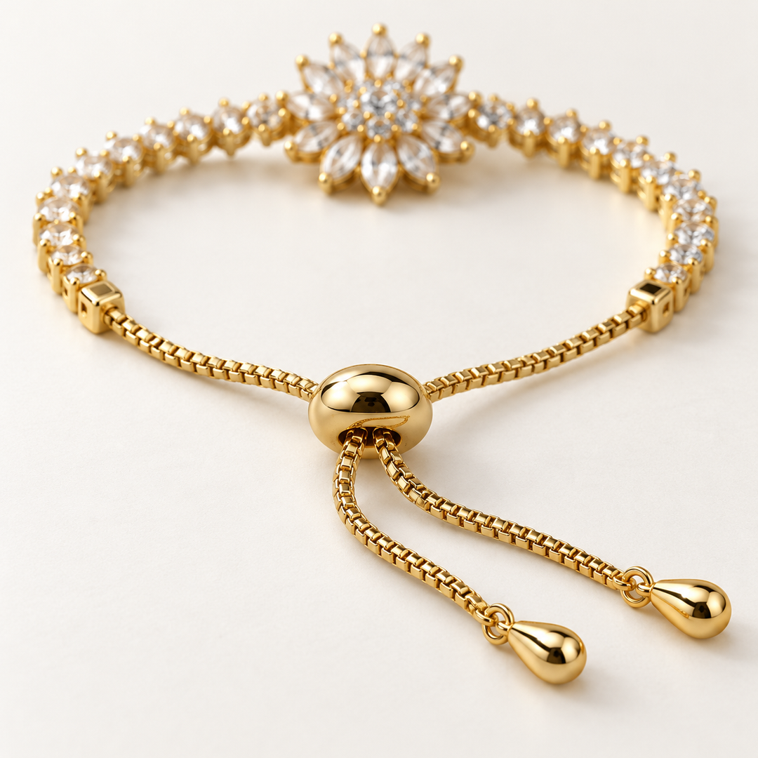 Blossom gold bracelet sliding adjustment with fine chains and two teardrop ends
