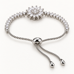 Blossom silver bracelet sliding adjustment with fine chains and two teardrop ends