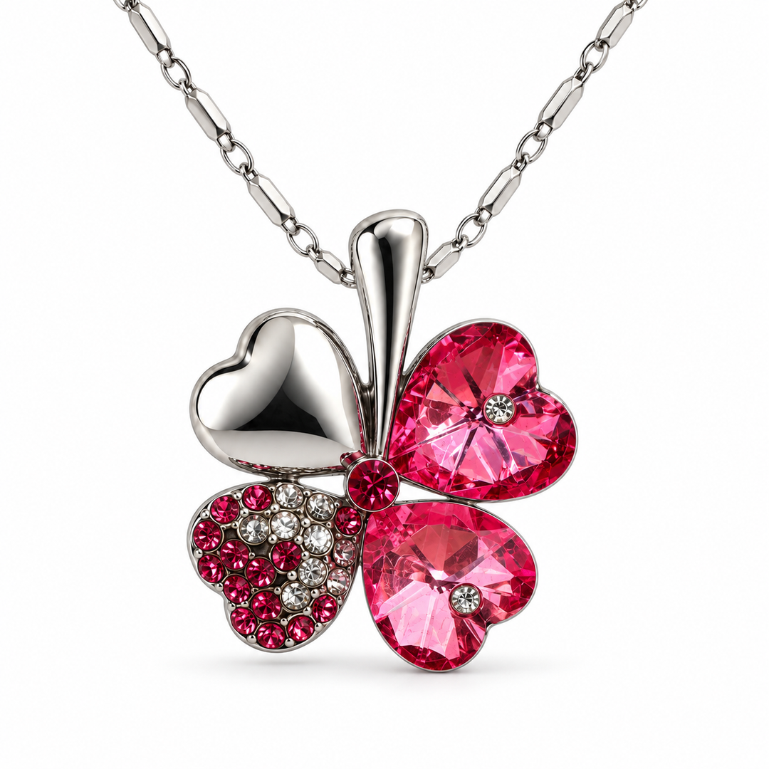 Clover necklace in Blush, with four heart-shaped leaves and silver-tone chain