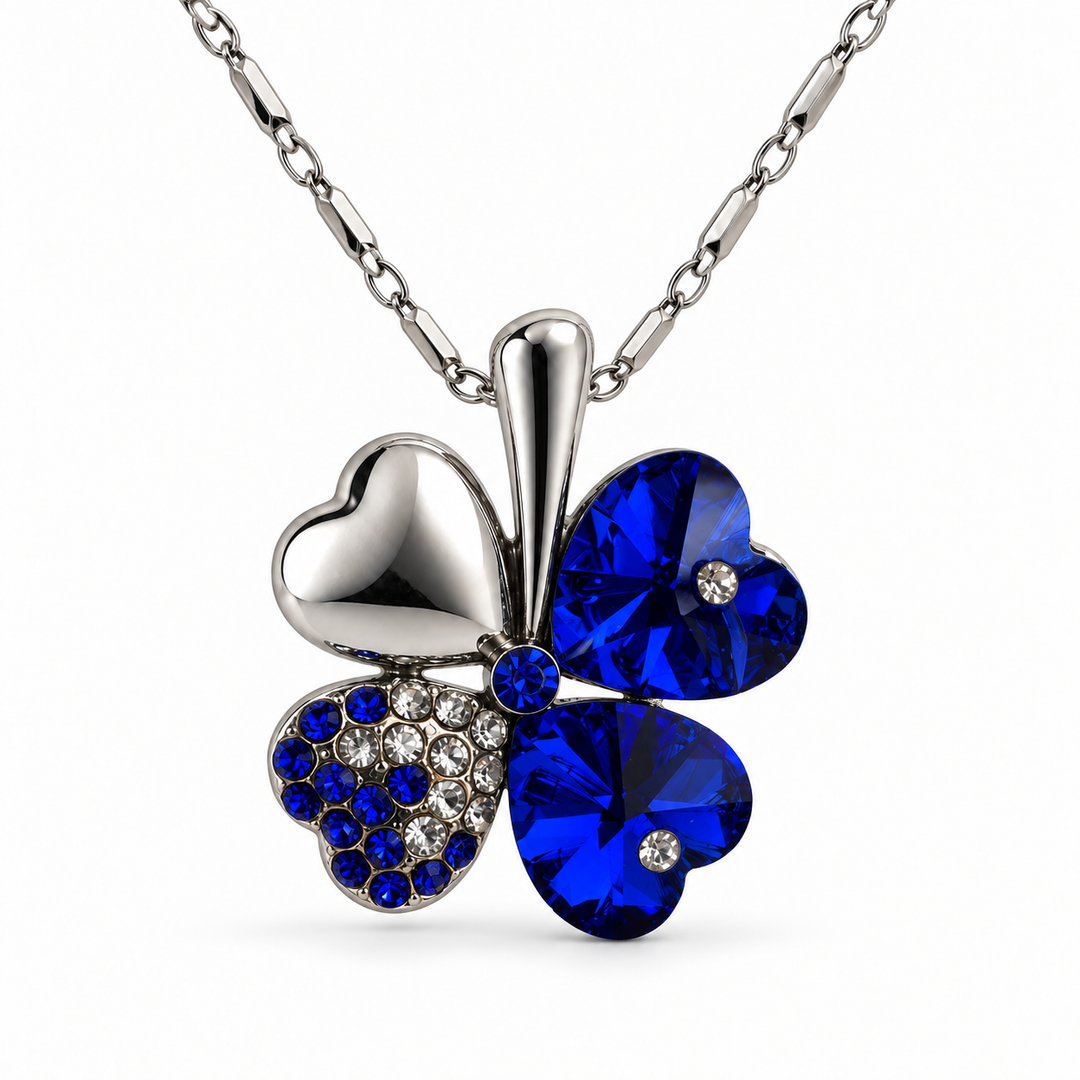 Clover necklace in Cobalt, with four heart-shaped leaves and silver-tone chain