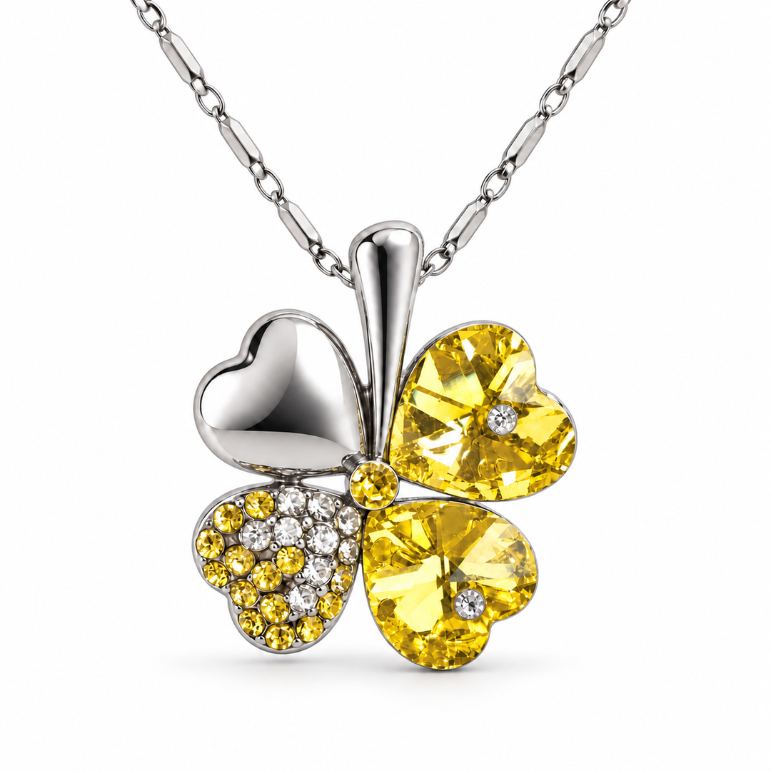 Clover necklace in Honey, with four heart-shaped leaves and silver-tone chain