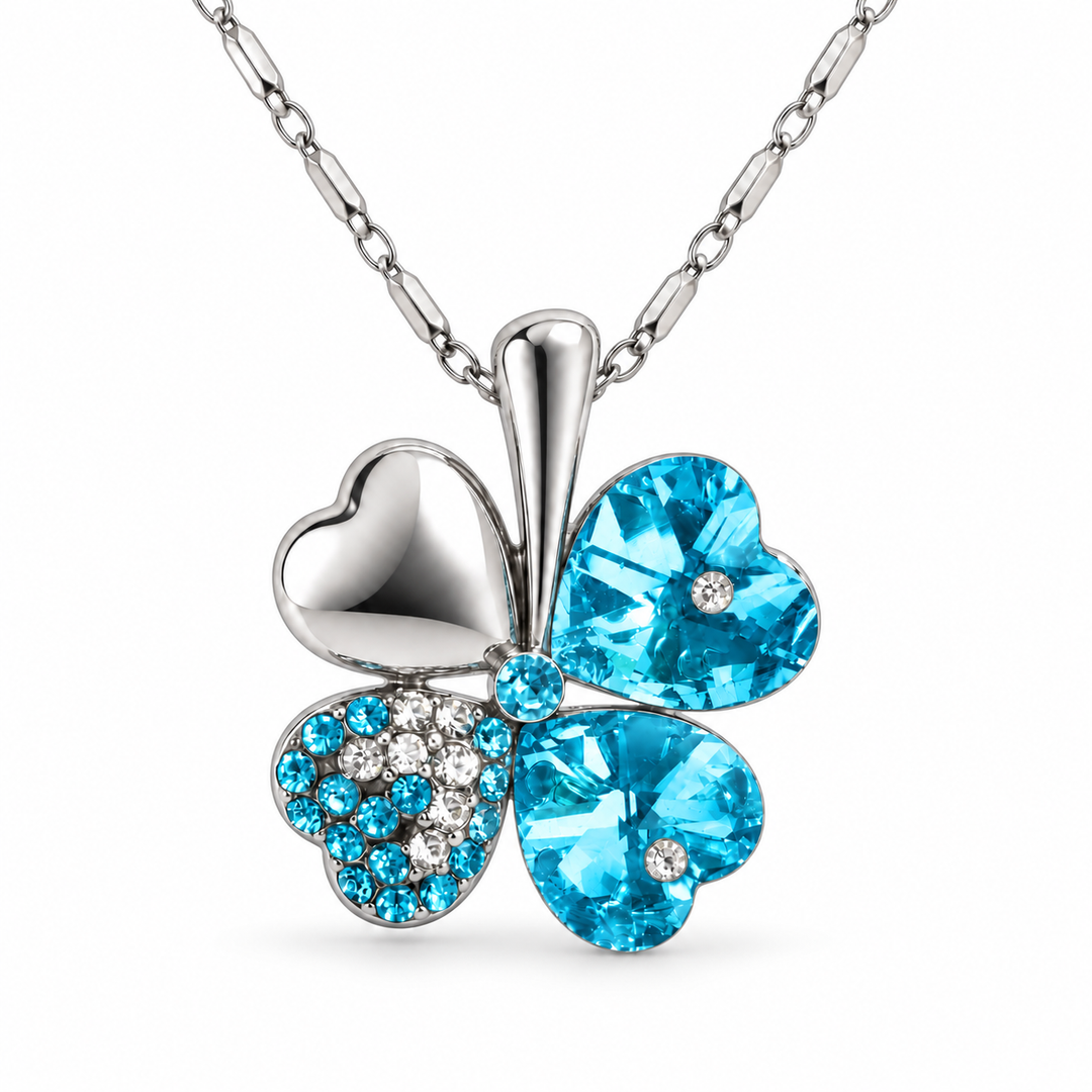 Clover necklace in Lagoon, with four heart-shaped leaves and silver-tone chain