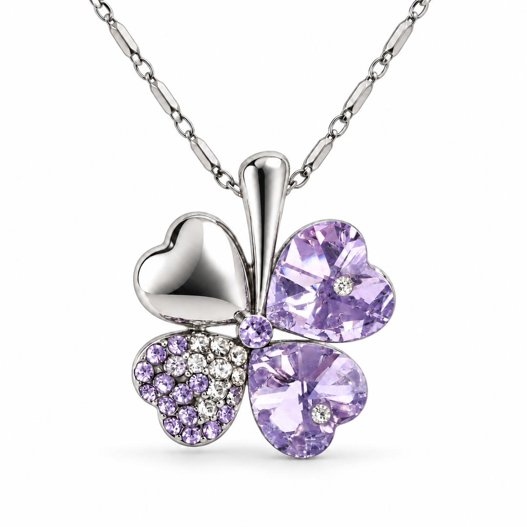 Clover necklace in Lilac, with four heart-shaped leaves and silver-tone chain
