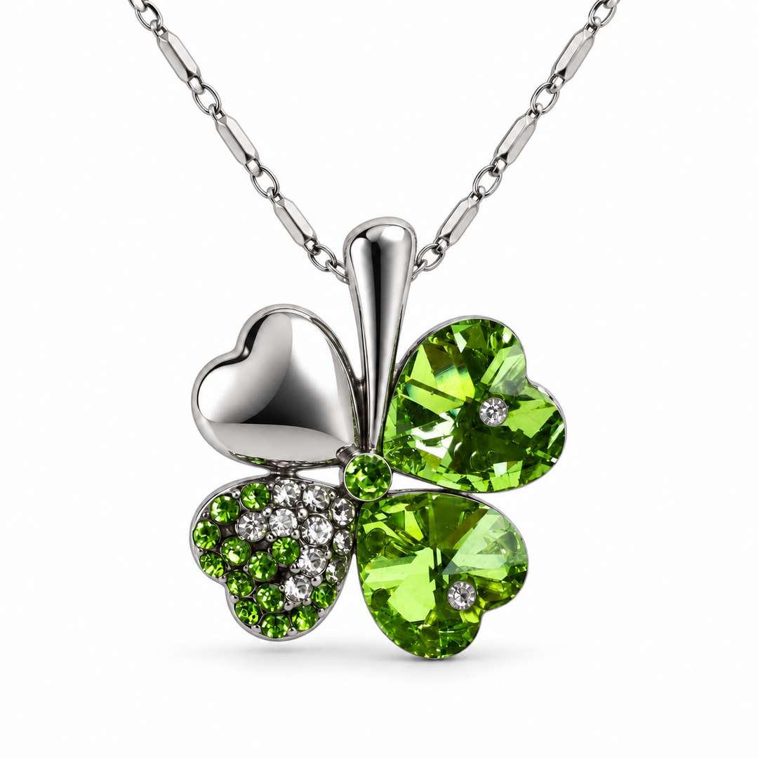 Clover necklace in Lime, with four heart-shaped leaves and silver-tone chain