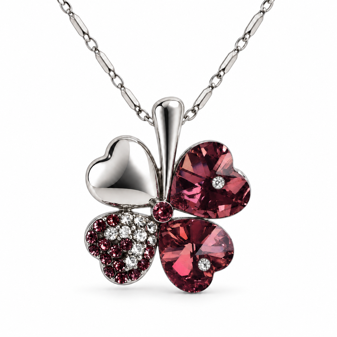 Clover necklace in Merlot, with four heart-shaped leaves and silver-tone chain