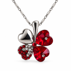 Clover necklace in Scarlet, with four heart-shaped leaves and silver-tone chain