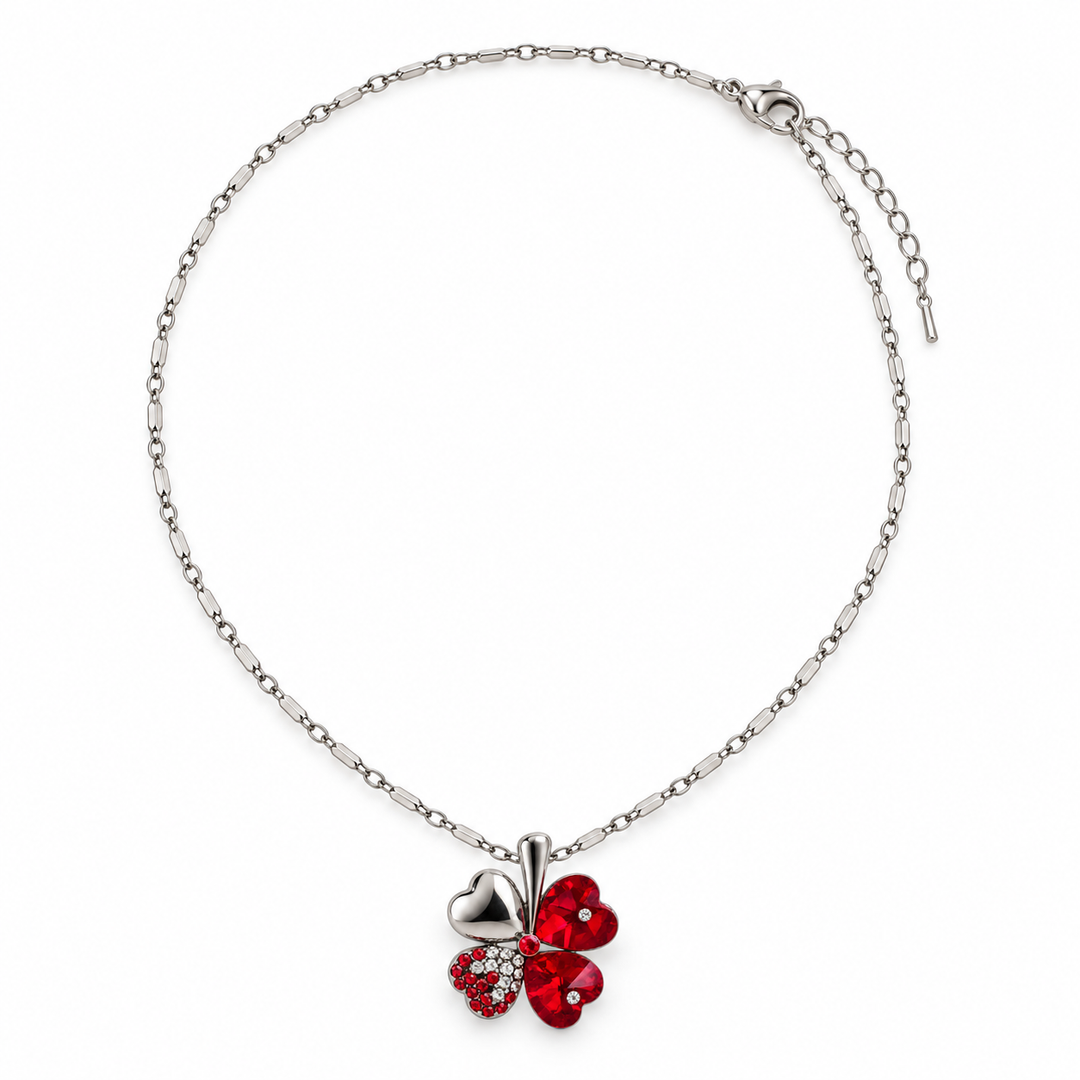 Complete Clover necklace in Scarlet showing its chain, lobster clasp and extension