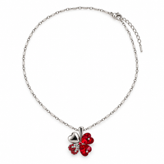 Complete Clover necklace in Scarlet showing its chain, lobster clasp and extension