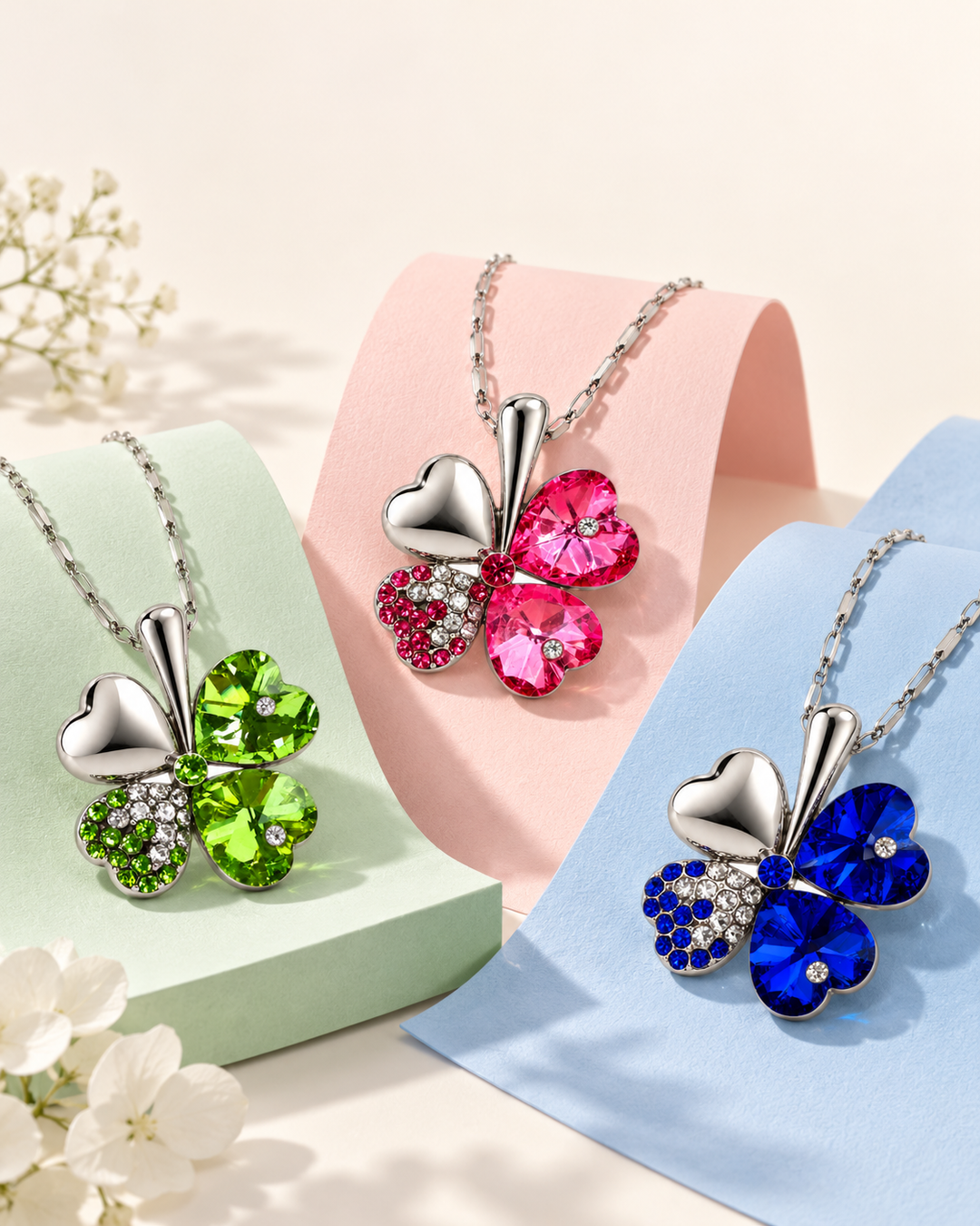 Clover necklaces in Lime, Blush and Cobalt on pastel paper arches