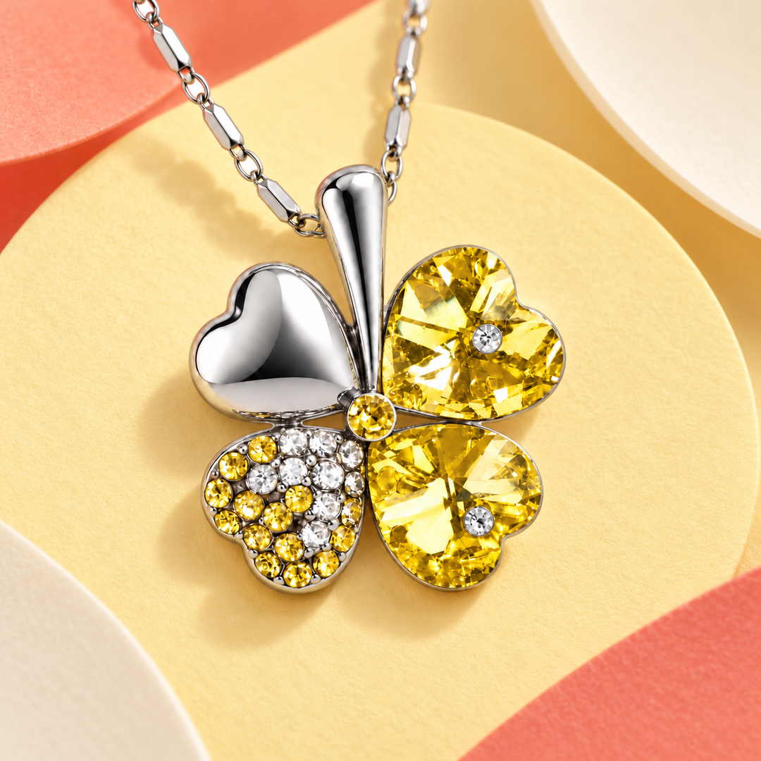 Close-up of Clover in Honey showing four heart-shaped leaves and faceted details