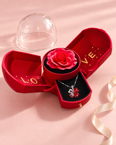 Clover in Scarlet presented in the optional red Rose Box with open side panels and jewellery drawer