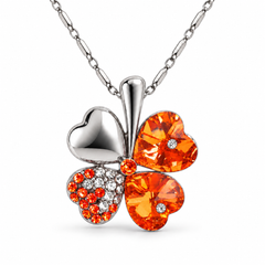Clover necklace in Tangerine, with four heart-shaped leaves and silver-tone chain