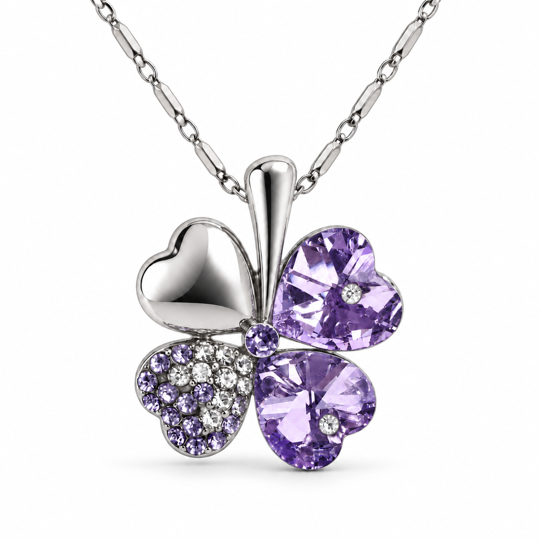 Clover necklace in Violet, with four heart-shaped leaves and silver-tone chain