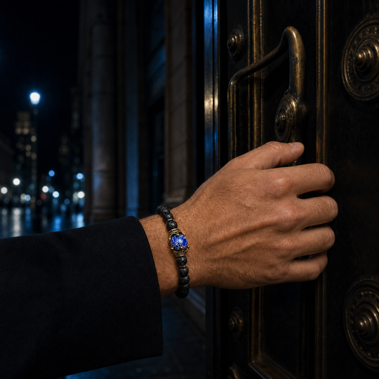 ZAFT CREST Tempest bracelet worn at a brass door under cobalt night light