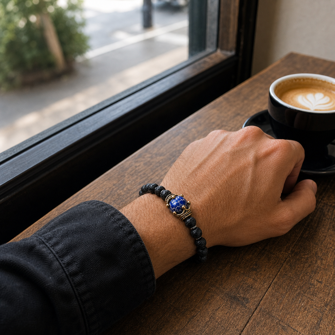 ZAFT CREST Tempest bracelet worn beside a coffee in natural daylight
