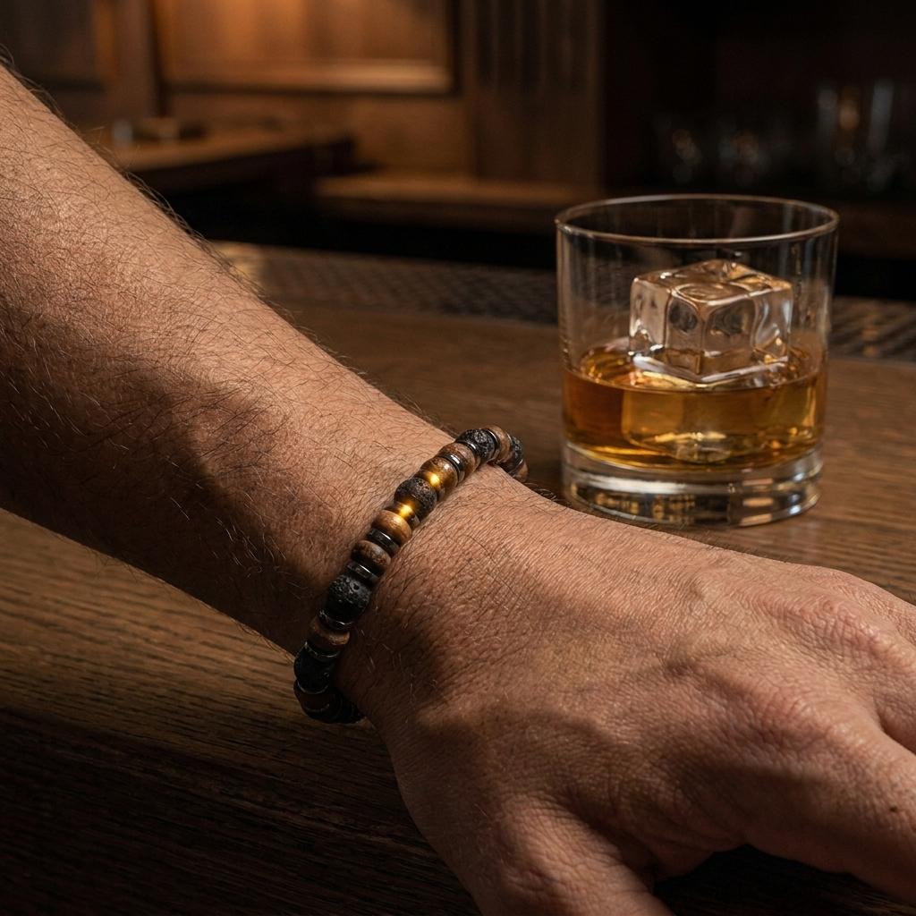 Relic bracelet on the wrist beside a whisky glass in a low-lit bar