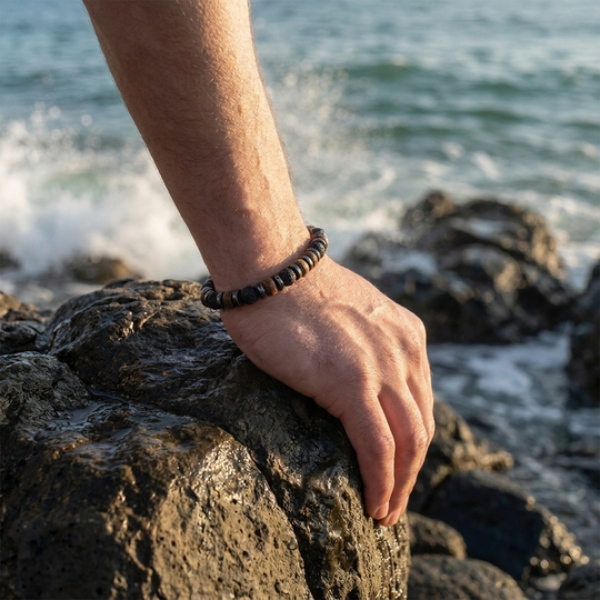 Relic bracelet on the wrist gripping coastal rock with sea spray