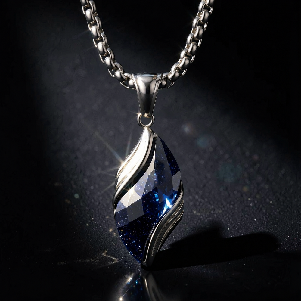Nebula deep blue glitter pendant lit against a dark studio background