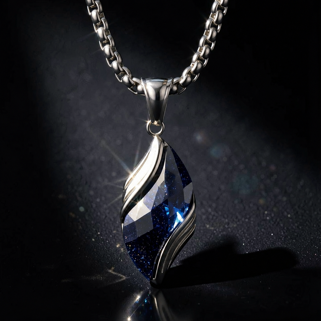 Nebula deep blue glitter pendant lit against a dark studio background