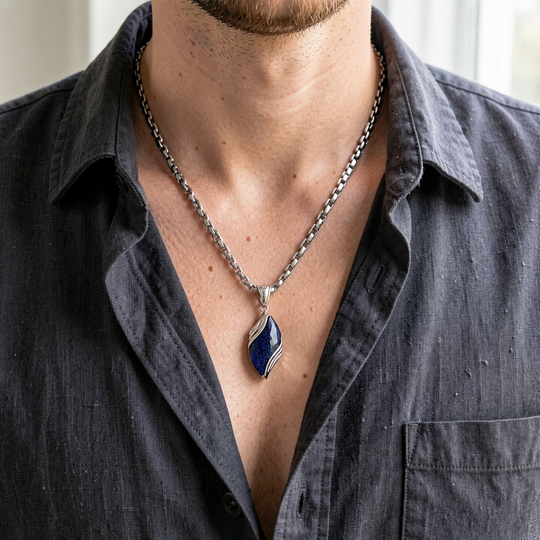 Nebula necklace worn with a charcoal open-collar shirt