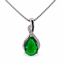 Drop forest necklace, showing the faceted pear-shaped centre and flowing silver setting on white