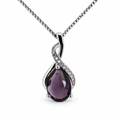 Drop violet necklace, showing the faceted pear-shaped centre and flowing silver setting on white