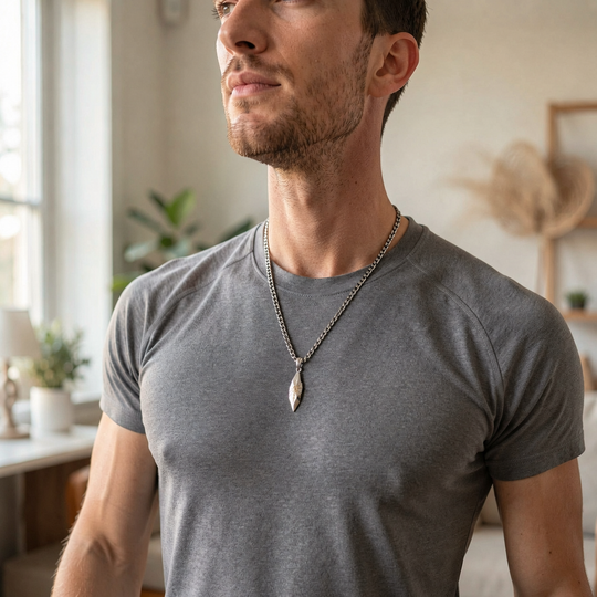 Sigil Quicksilver necklace worn over a grey fitted T-shirt