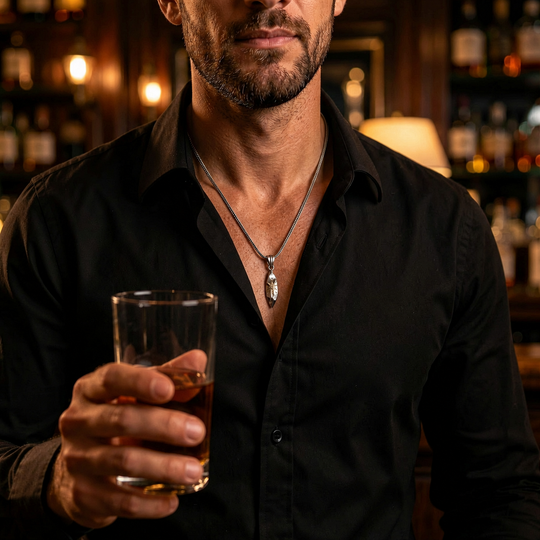 Sigil necklace worn with a black shirt in a low-lit bar