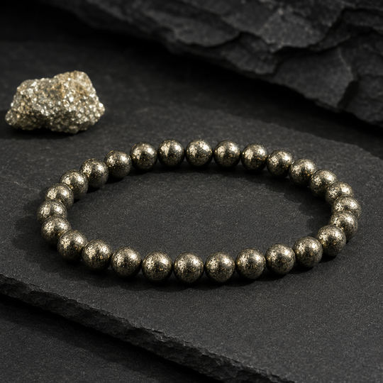 Vestige Mercury natural pyrite bracelet with raw pyrite on charcoal stone